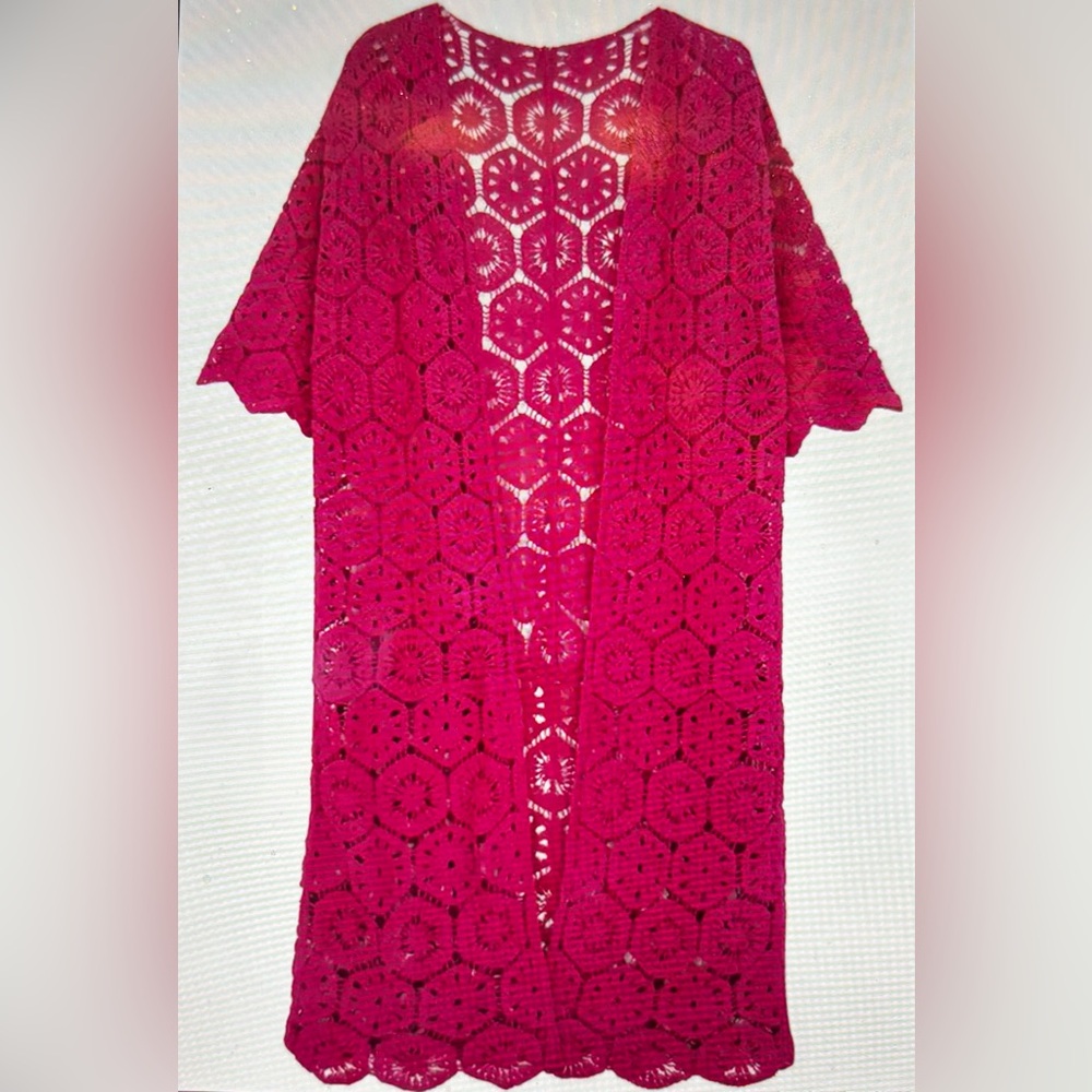 Geometric Pattern Crochet Kimono Style Long Cardigan